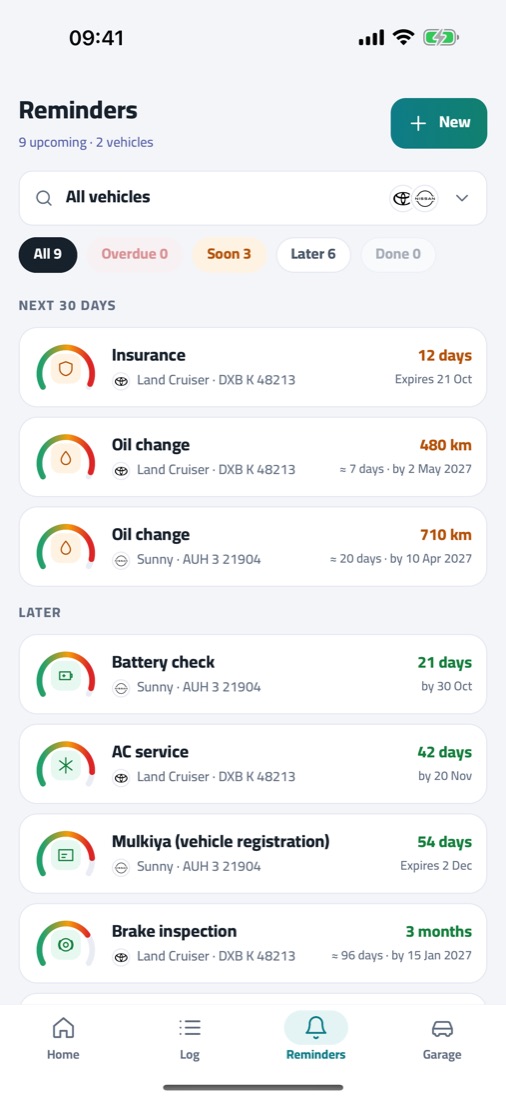 Reminders for two cars, sorted by what's due next