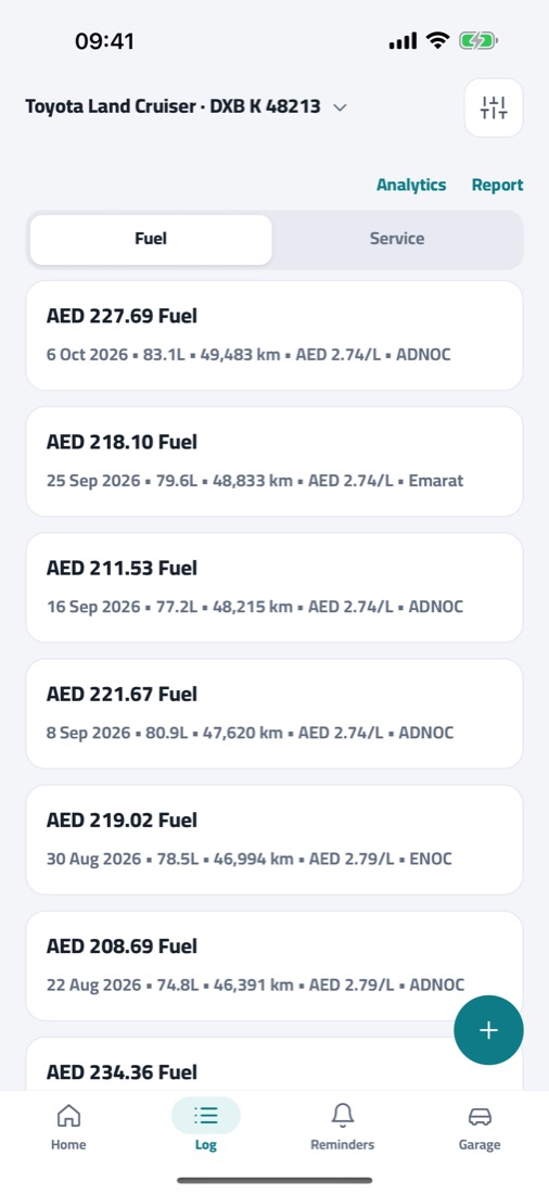 Fuel log with litres, price per litre and station